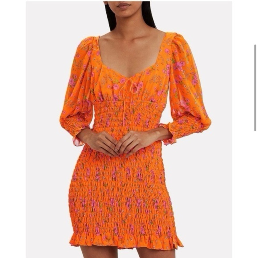For Love & Lemons Peony Smocked mini dress Large orange floral